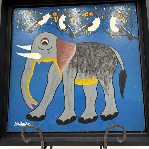 M. Awazi Oil Tingatinga Elephant‎ And Birds Painting On Masonite Signed 12"x12" - Picture 2 of 6